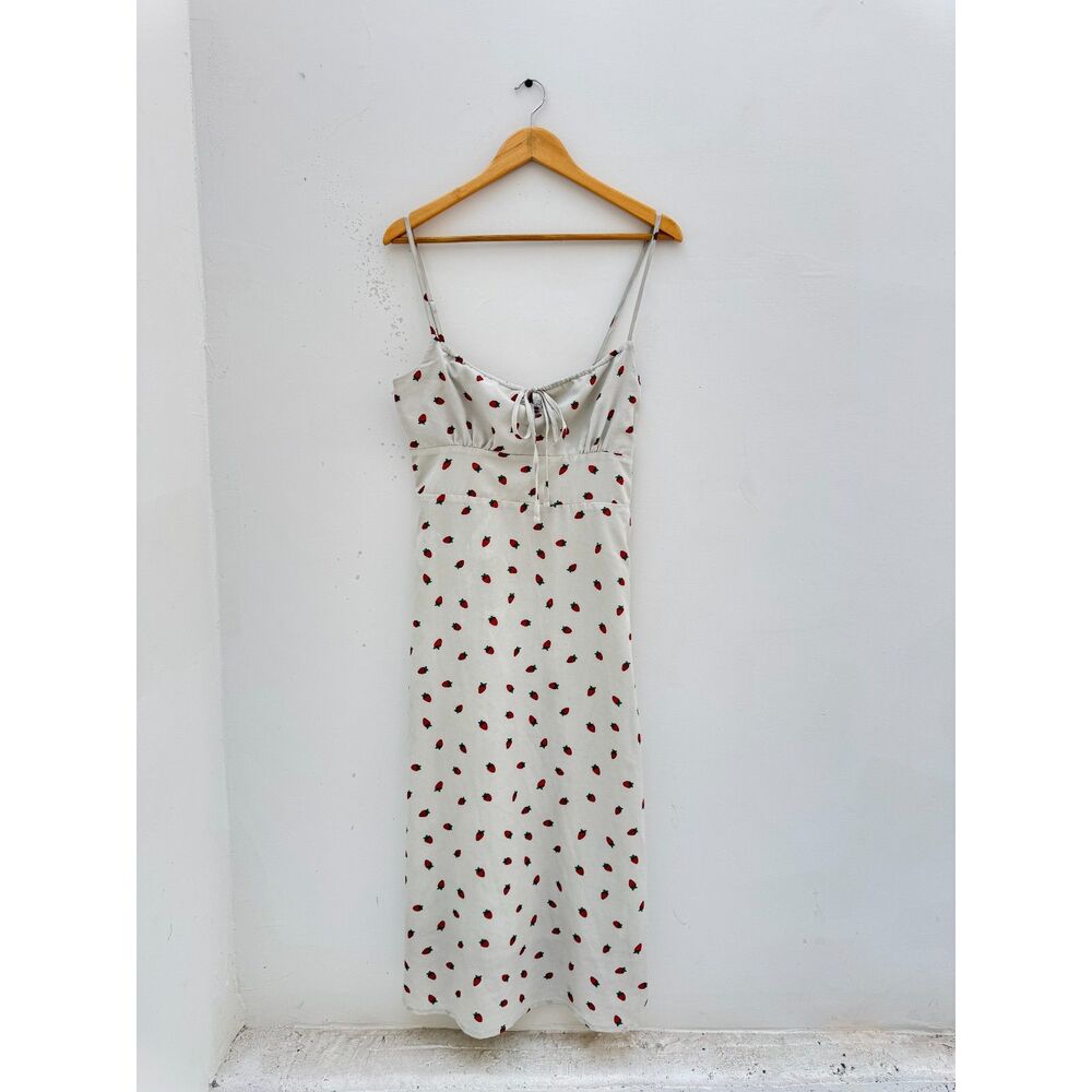 Strawberry Print White Midi Dress Tie Front Smocked Back Size M Cottagecore